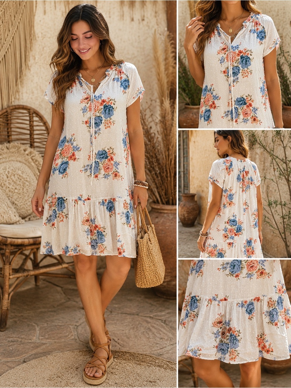 LOFT Boho White Floral Ruffled Sundress with Coral and Blue Blooms